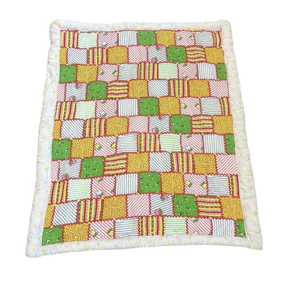 Vintage Handmade Baby Blanket Quilt Colorful Patchwork 36.5x42